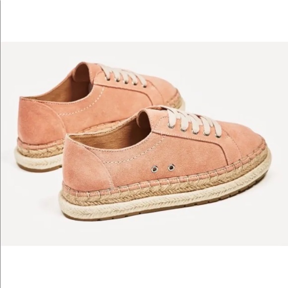 Zara TRF Women Split Suede Bluchers Flat Lace-up  Espadrille Sneakers Pink 5 - Picture 2 of 5